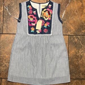 Savanna Jane Navy and White Striped Dress with Floral Embroidery